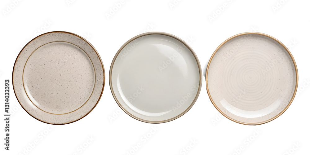 Simple Round Empty Plate in White in Three Different Styles for Classic and Empty Plate Photography, Cut Out