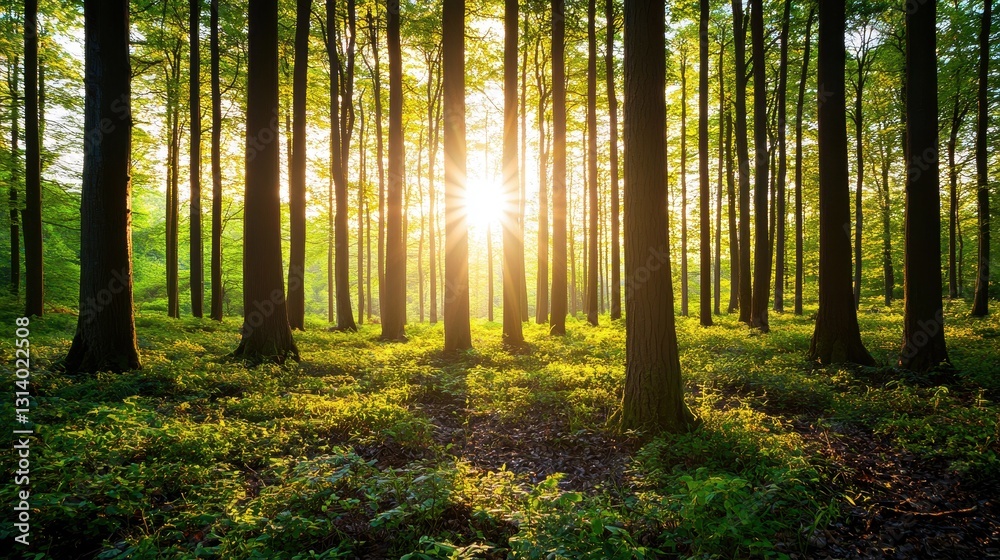 Fototapeta premium Sunlight Filtering Through Trees in Lush Green Forest Setting