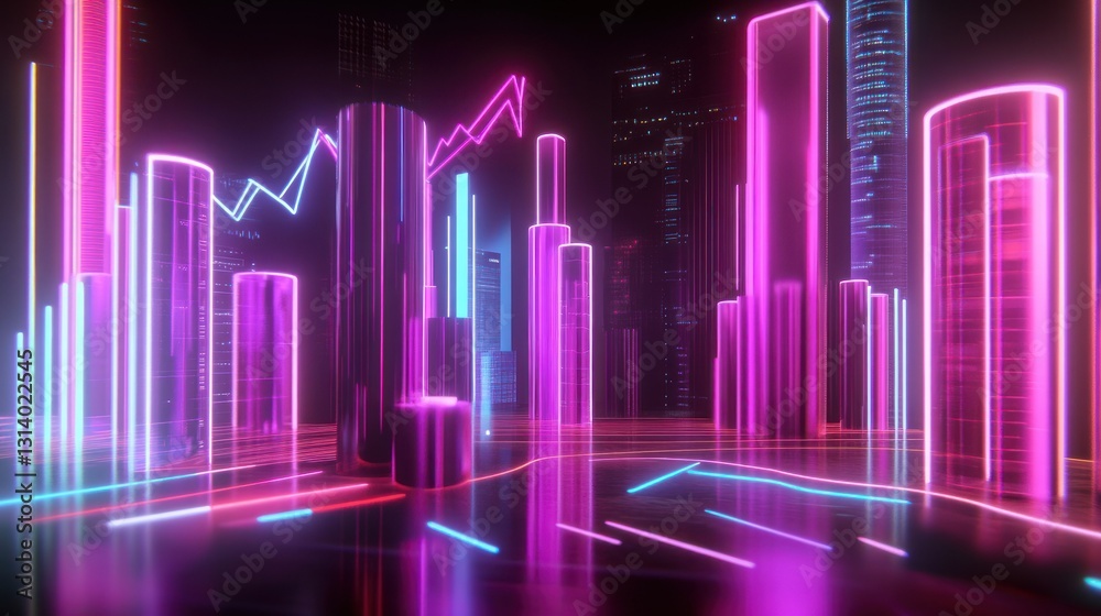 Naklejka premium Abstract glowing neon city skyline with statistical financial growth charts