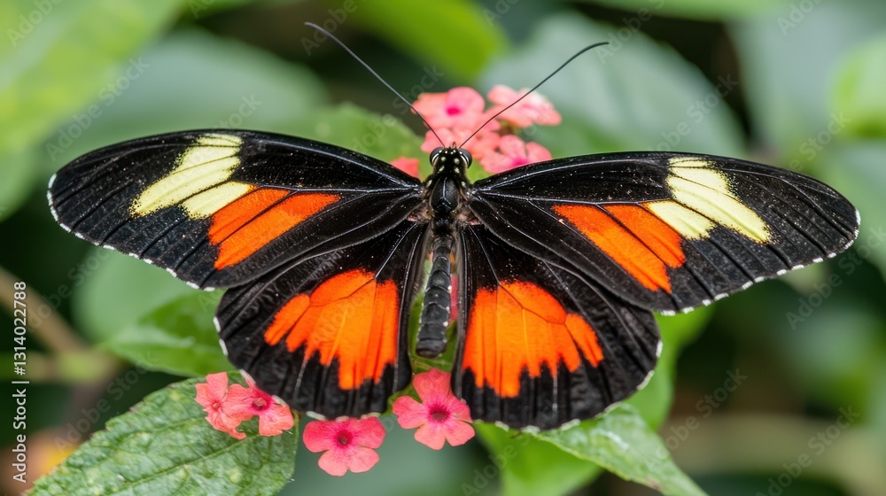 A vibrant Heliconius butterfly with black, orange, and yellow wings perched on pink flowers. A vibrant Heliconius butterfly with black, orange, and yellow wings perched on pink flowers.