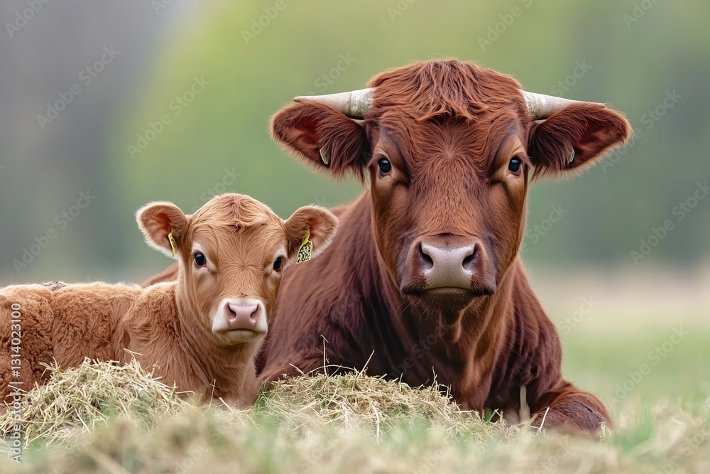 Cow and calf resting in pasture, a portrait of motherhood Cow and calf resting in pasture, a portrait of motherhood