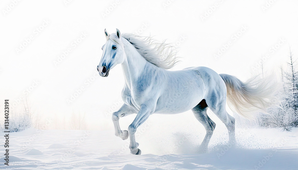 Obraz premium 雪原を走る白馬,Generative AI,AI画像