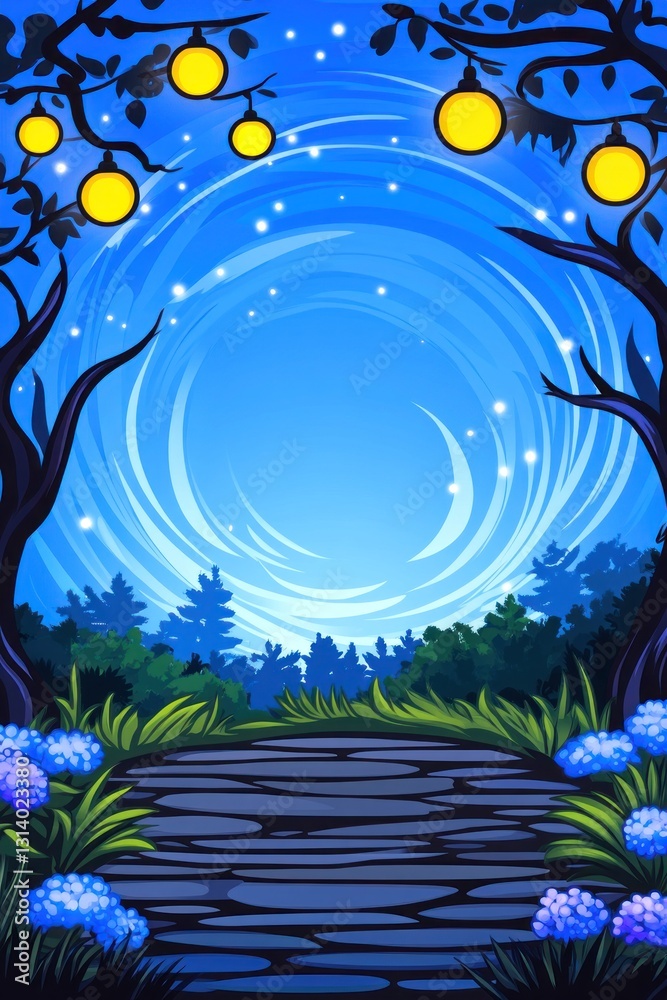 Glowing lanterns adorn trees over stone path in lush forest, night sky background Glowing lanterns adorn trees over stone path in lush forest, night sky background