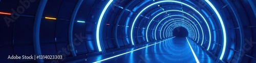Dark blue neon signs illuminate futuristic tunnel, dark, structure