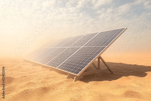 A solar panel array stands prominently in a desert landscape, capturing sunlight under a cloudy sky. This represents innovation in renewable energy technology. photo