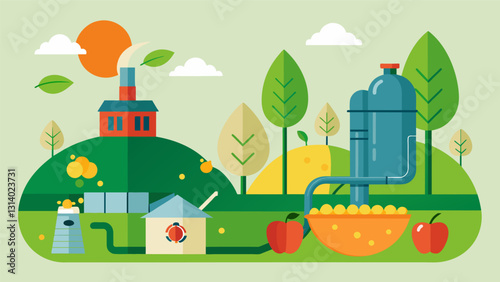 An innovative biogas plant utilizing biodegradable waste from a nearby fruit orchard contributing to the circular economy and reducing greenhouse gas. Vector illustration