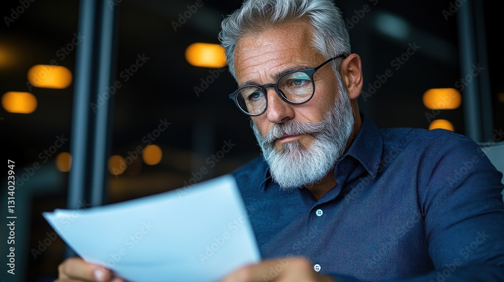 Focused Senior Executive Reviewing Documents at Night