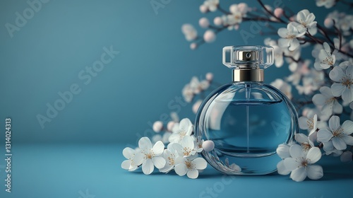 perfume bottle with flowers on blue background