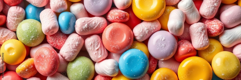 A vibrant and realistic 3D rendering of various candies, including marshmallows, lollipops, sugared almonds, fruity candies, jelly candies, and colorful sweet candies, colorful, sugared almonds