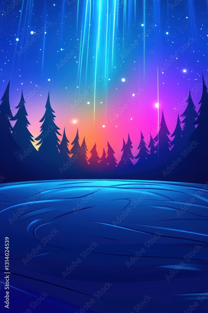 Glowing lights over forest landscape scene, vibrant celestial display, night sky, winter scene Glowing lights over forest landscape scene, vibrant celestial display, night sky, winter scene