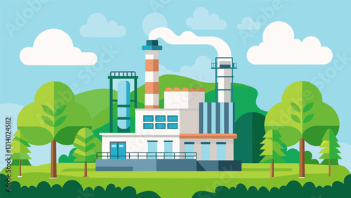 Surrounded by lush greenery a natural gas power plant harnesses the Earths resources to generate clean energy for the community.. Vector illustration