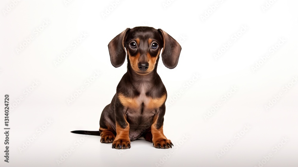 Adorable Dachshund Puppy with Big Eyes and Ears Sitting on a White Background Adorable Dachshund Puppy with Big Eyes and Ears Sitting on a White Background