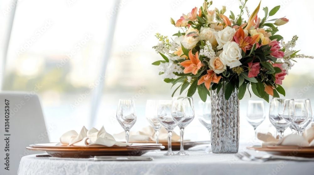 Fototapeta premium Elegant Dining Table Setting with Floral Arrangement and Glassware
