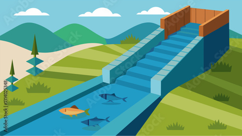 Near the mouth of the canal a fish ladder has been built to allow for the safe and easy passage of migrating fish.. Vector illustration