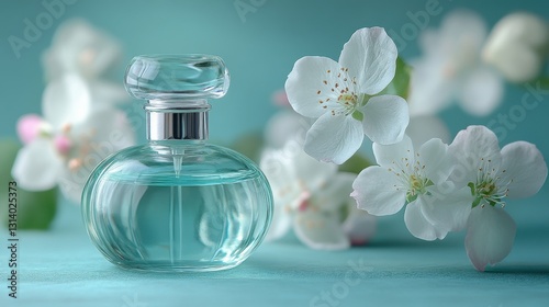 perfume bottle with white flowers on blue background