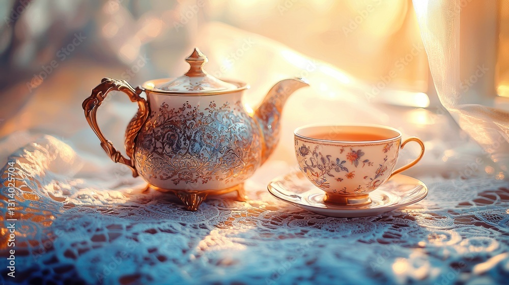 Fototapeta premium Ornate teapot and teacup at sunrise.