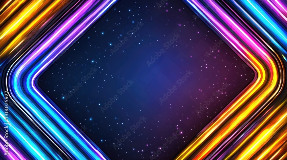 Obraz premium Glowing neon lines border a starry, dark blue space backdrop, creating a futuristic, vibrant effect