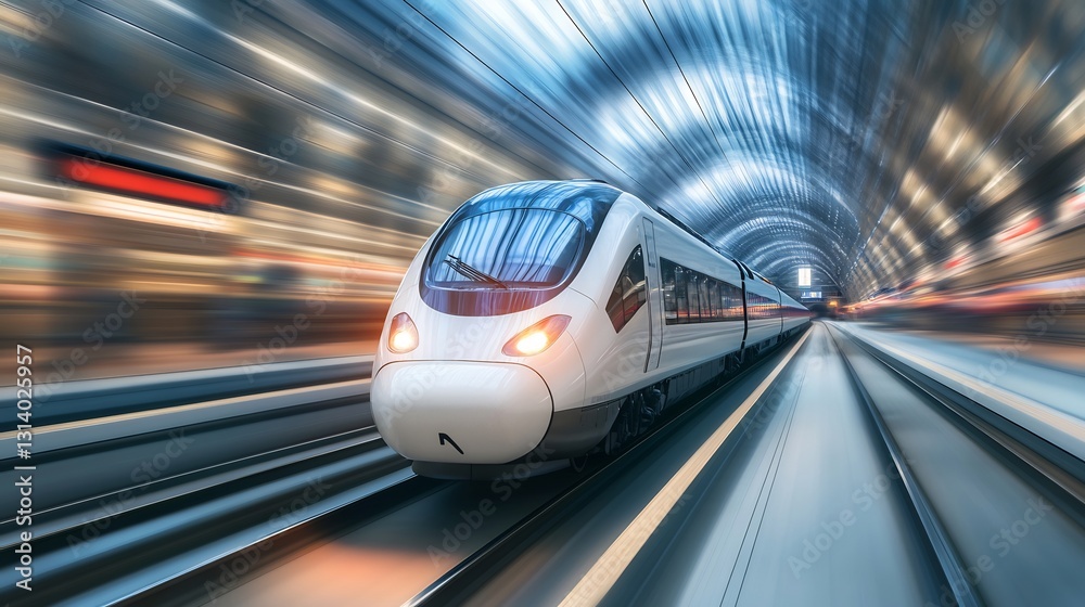 Fototapeta premium High-speed train passing through futuristic transit hub