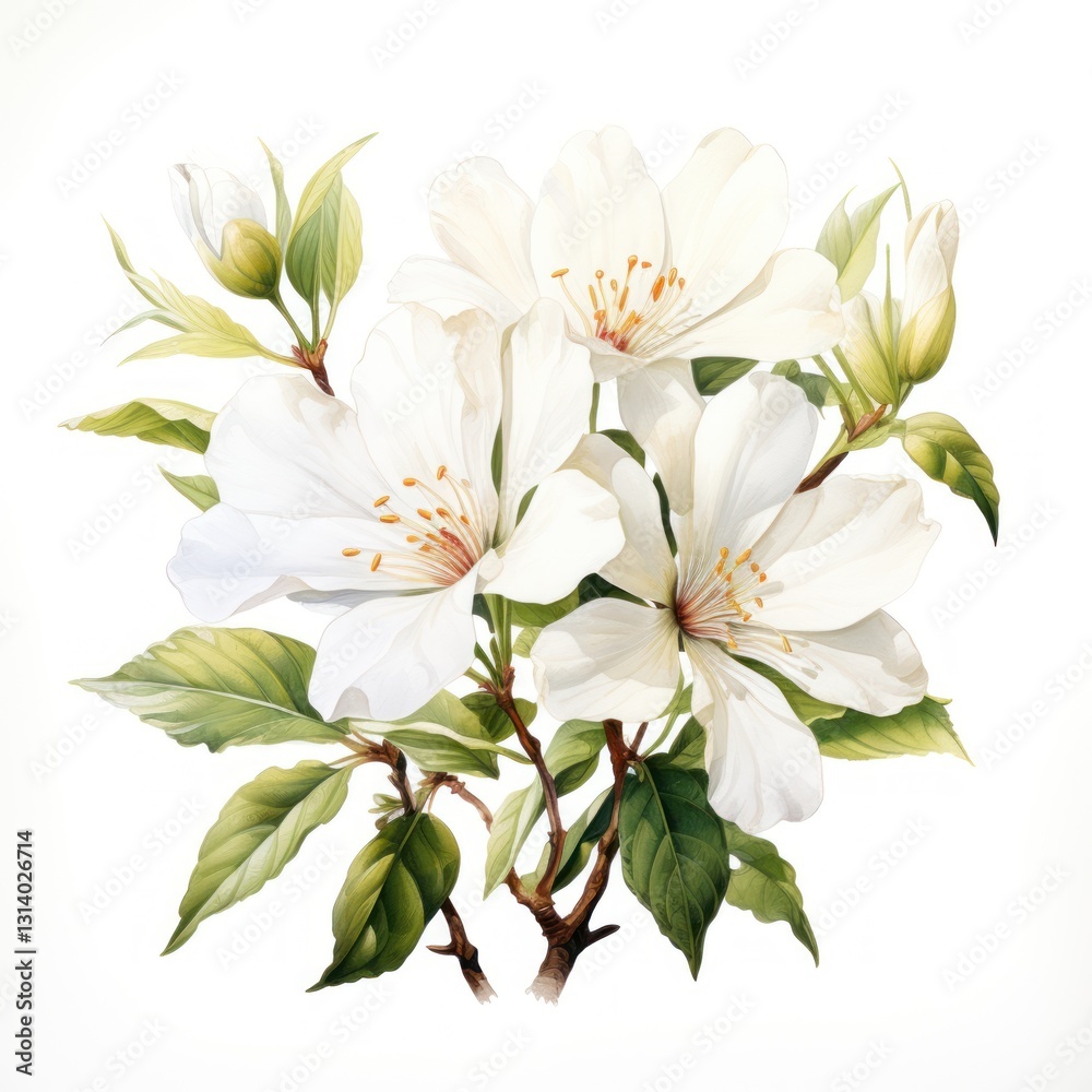 Obraz premium Delicate White Flowers with Green Leaves and Brown Stems