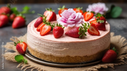 Wallpaper Mural Delicious Strawberry Cheesecake with Fresh Strawberries and a Pink Flower Torontodigital.ca