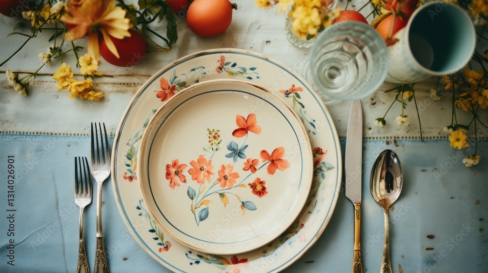 Elegant Floral Table Setting with Fine China and Silverware Elegant Floral Table Setting with Fine China and Silverware