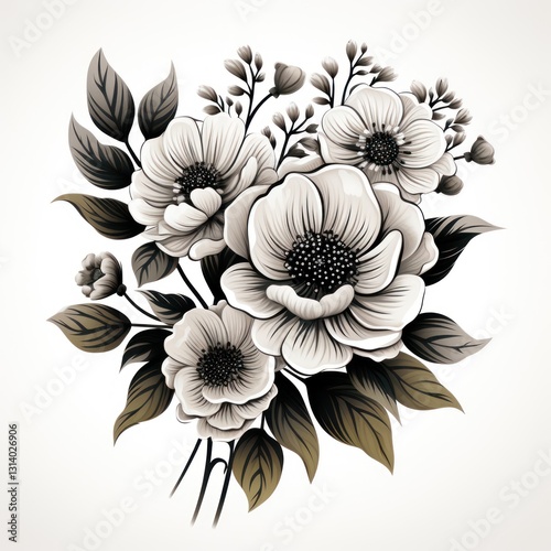 Elegant Monochromatic Floral Arrangement with Delicate Petals and Leaves