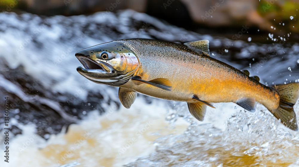 powerful salmon leaps energetically from water, showcasing its strength and agility in dynamic natural setting powerful salmon leaps energetically from water, showcasing its strength and agility in dynamic natural setting