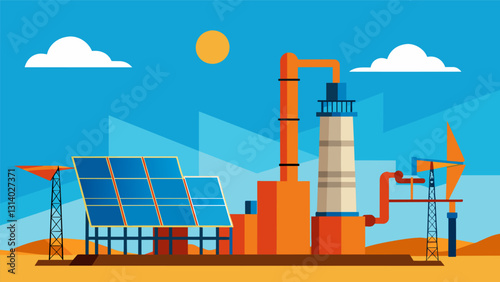 Against a backdrop of pristine blue sky the sleek lines of a solar farm contrast sharply with the rusted pipes and equipment of a fossil fuel plant.. Vector illustration