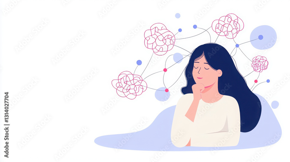 woman in deep thought, surrounded by abstract neural connections, reflects on her ideas and emotions woman in deep thought, surrounded by abstract neural connections, reflects on her ideas and emotions