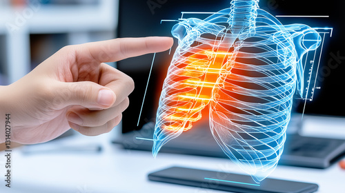 A digital medical illustration shows a human rib cage in blue with glowing orange pain points. A hand points to the ribs, with a blurred office background and a laptop.