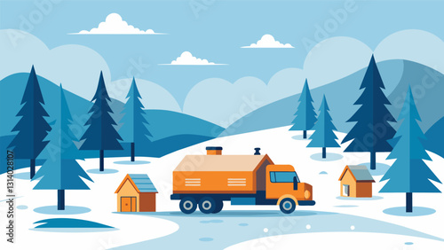 As winter settled in the dependable home heating oil truck made its way through a dense forest stopping at remote cabins and cottages ensuring no one. Vector illustration