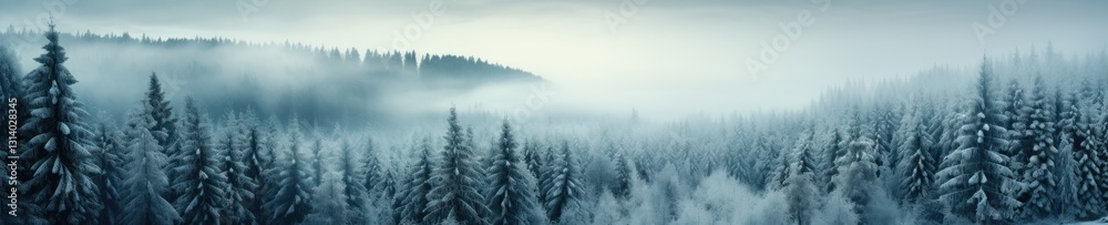 Serene Winter Landscape of a Snowy Forest with Fog Serene Winter Landscape of a Snowy Forest with Fog