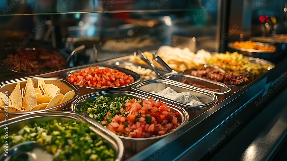 Obraz premium Assorted taco bar toppings in stainless steel containers.
