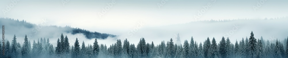 Fototapeta premium Serene Winter Landscape of Snowy Evergreen Trees in a Misty Mountain Valley