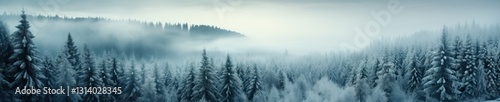 Serene Winter Landscape of a Snowy Forest with Fog