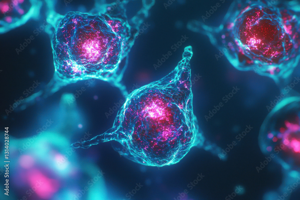 Microscopic view of cancer cells illuminated by laser therapy, showcasing vibrant colors and intricate structures Microscopic view of cancer cells illuminated by laser therapy, showcasing vibrant colors and intricate structures