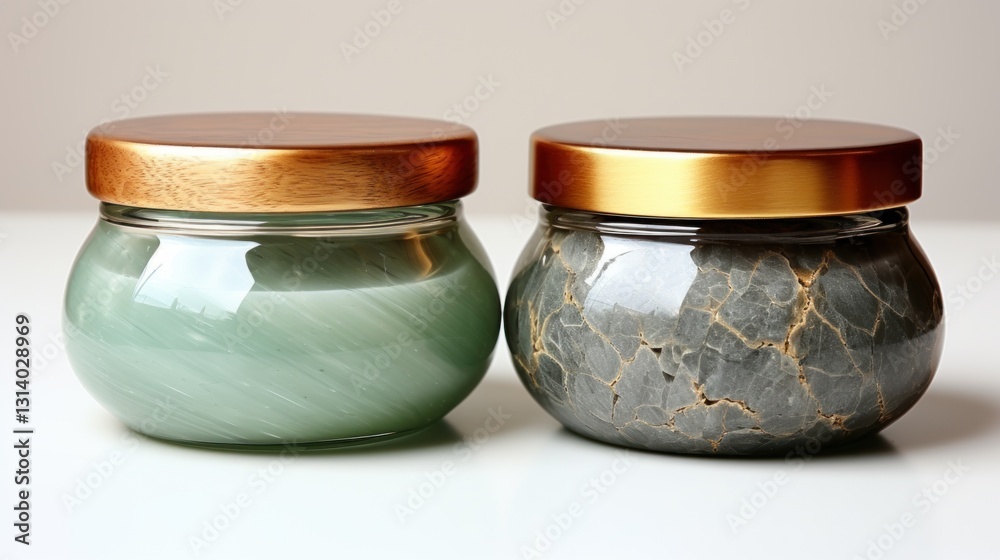 Two Glass Jars with Wooden and Metal Lids on a White Surface Two Glass Jars with Wooden and Metal Lids on a White Surface