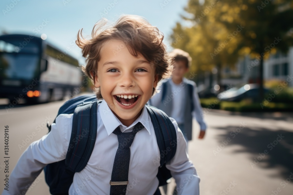 Two Young Boys in School Uniforms Running on a City Street Two Young Boys in School Uniforms Running on a City Street