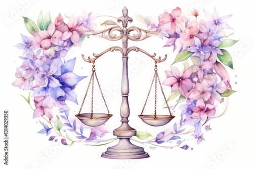 Fototapeta Naklejka Na Ścianę i Meble -  Vintage Watercolor Painting of a Scale Surrounded by Flowers