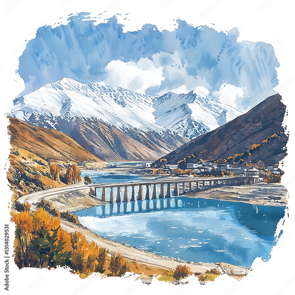 Obraz premium Scenic Mountain Lake and Bridge A Breathtaking Autumn Landscape. A picturesque illustration of a tranquil lake nestled amidst snow-capped mountains, featuring a long bridge and vibrant autumn foliage.