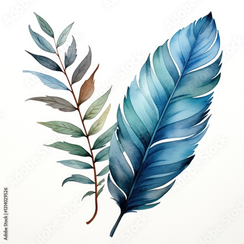 Watercolor Illustration of a Blue Feather and a Branch with Leaves