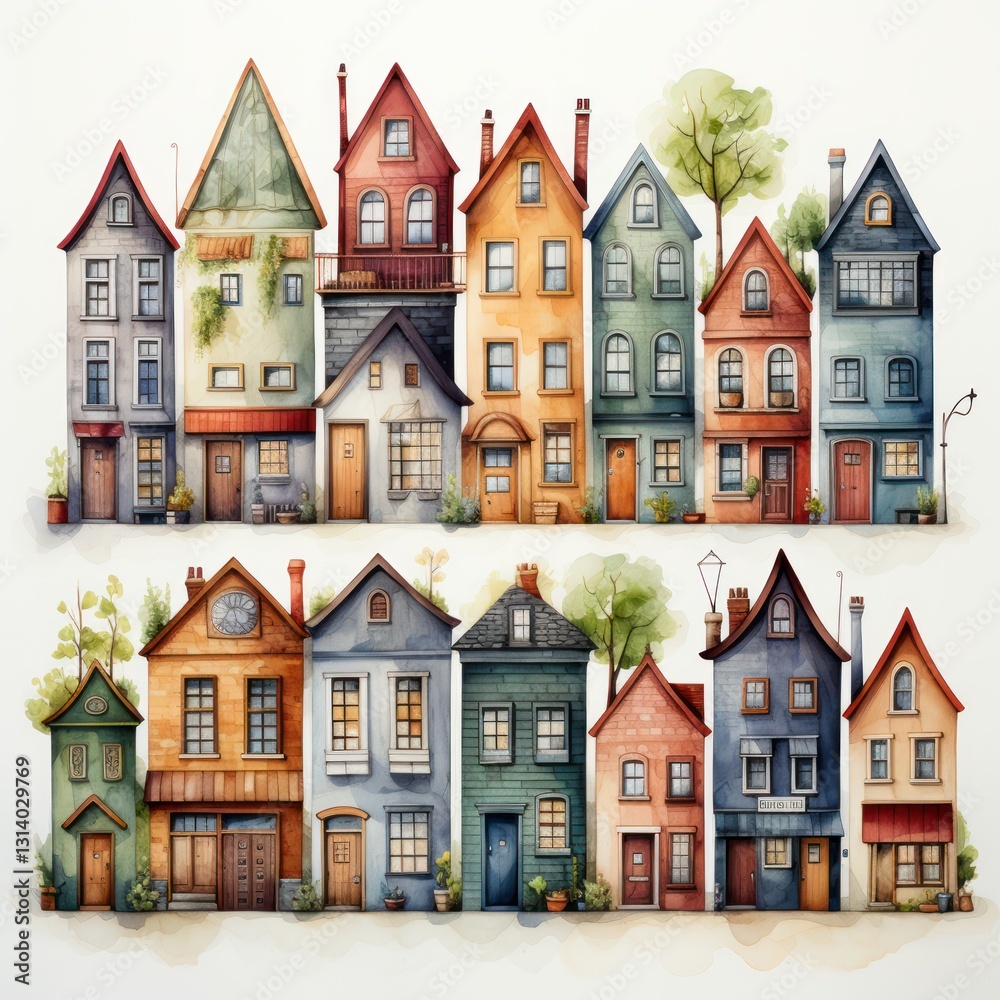 Fototapeta premium Watercolor Illustration of a Row of Colorful Houses with Unique Architectural Features