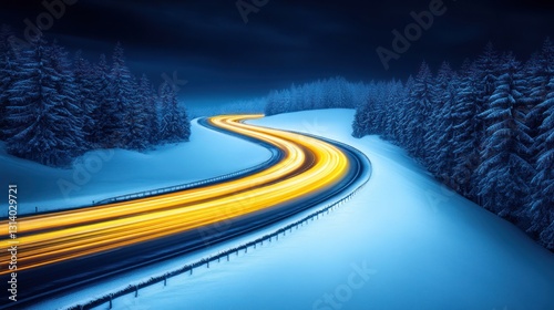Obraz na płótnie Night Drive Through Snowy Forest: A Winter Wonderland on Wheels w salonie