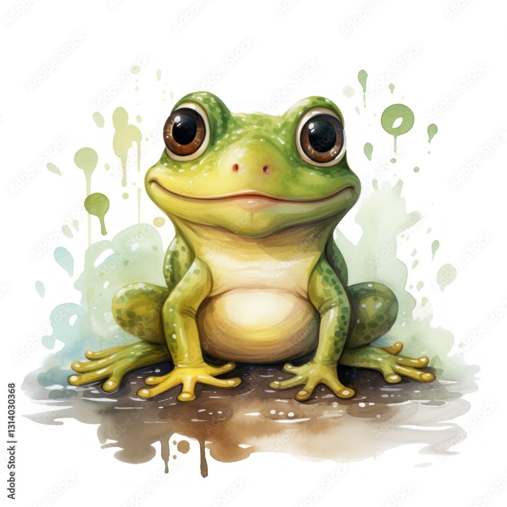 Obraz premium Watercolor Painting of a Frog Sitting on a Lush Green Leafy Branch