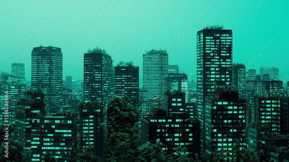 Fototapeta Futuristic Eco-Friendly City with Lush Green Rooftops at Dusk