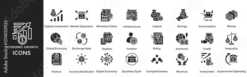Economic Growth icon set. Containing Capital Investment, Market Expansion, Monetary Policy, Infrastructure, Capital