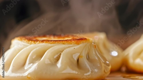 Close-up of steaming dumplings with a golden-brown bottom, showcasing their texture and warmth.