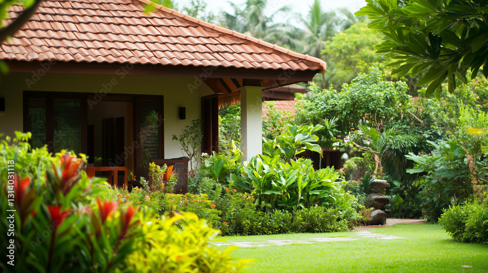 Modern tropical villa surrounded by lush greenery, embodying serene harmony with nature. Modern tropical villa surrounded by lush greenery, embodying serene harmony with nature.