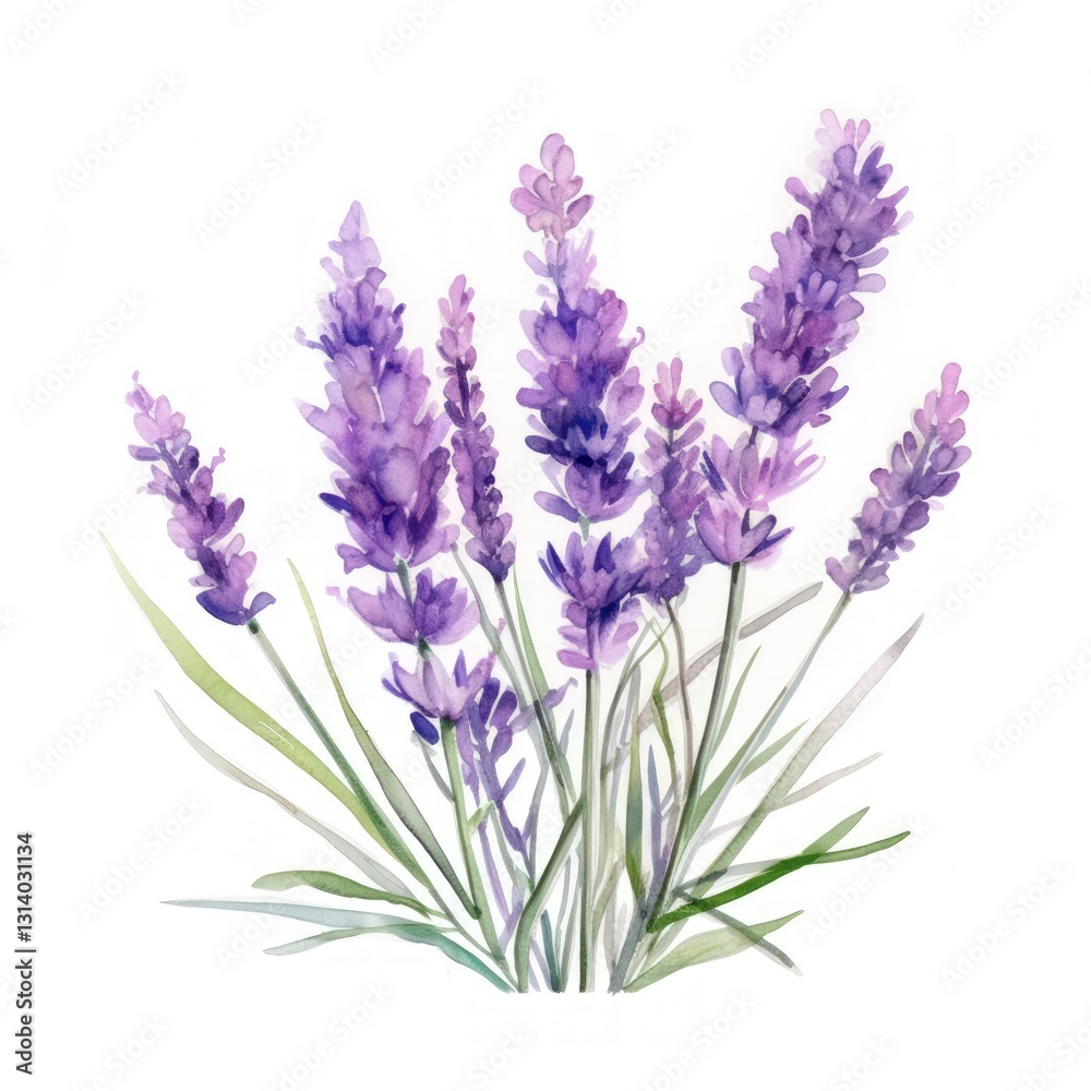 Naklejka premium Watercolor Painting of Lavender Flowers in Purple and Green