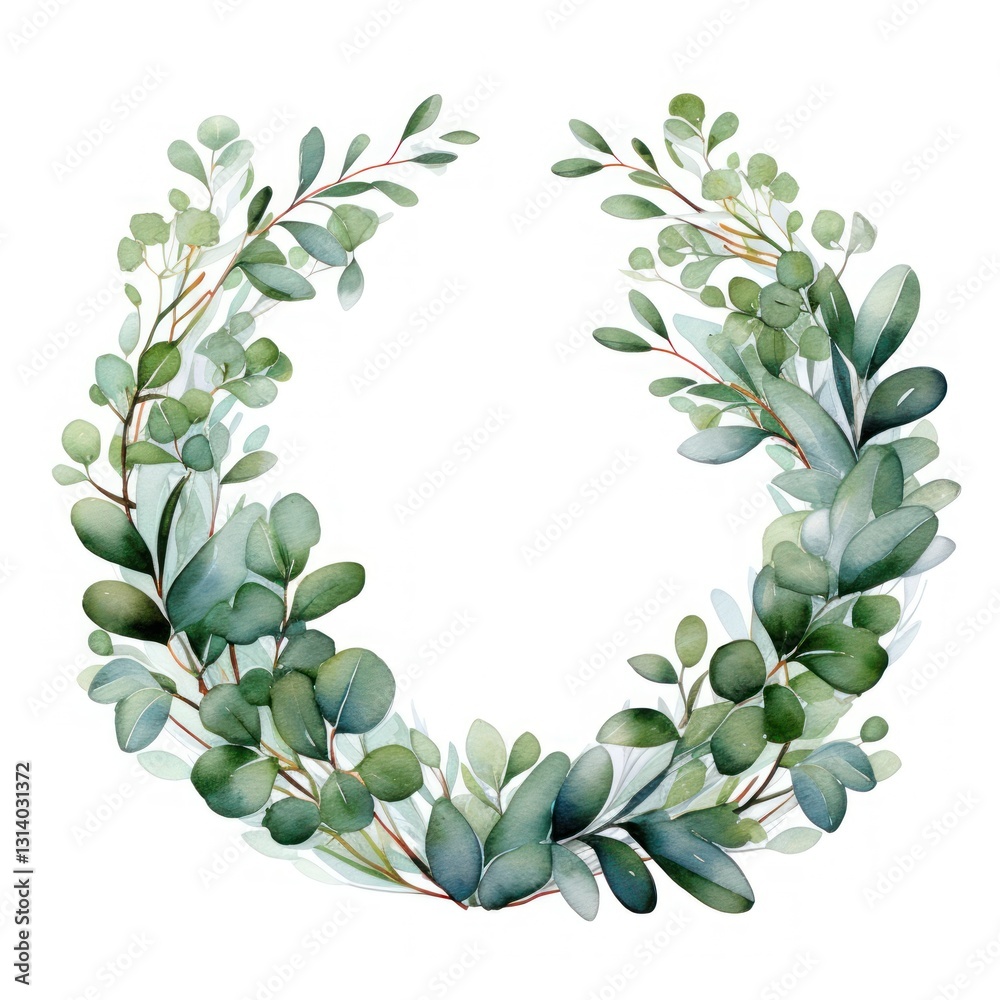 Φωτογραφία Watercolor Wreath of Green Leaves and Branches on White Background